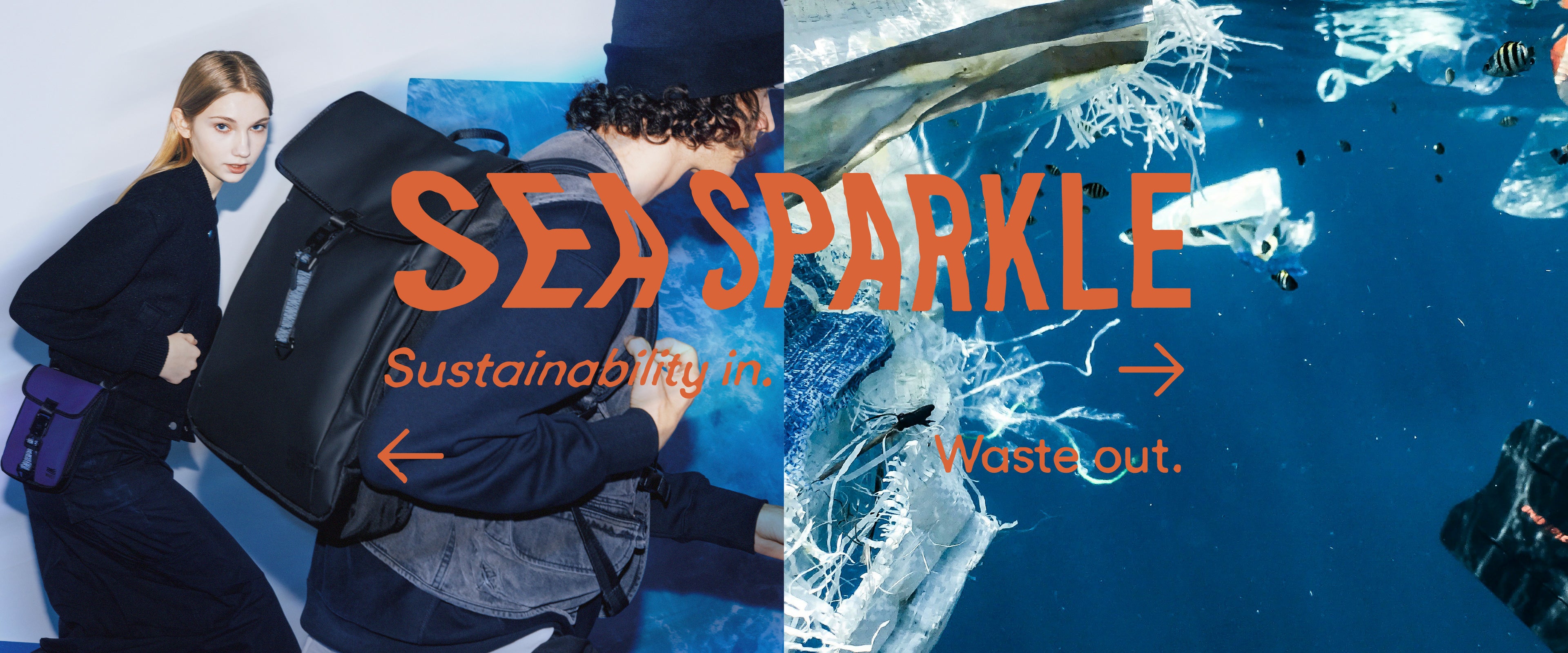WAVEIT SEA SPARKLE collection banner featuring models with sustainable fashion products, emphasizing the slogan ‘Sustainability In, Waste Out’ against a backdrop of ocean imagery.