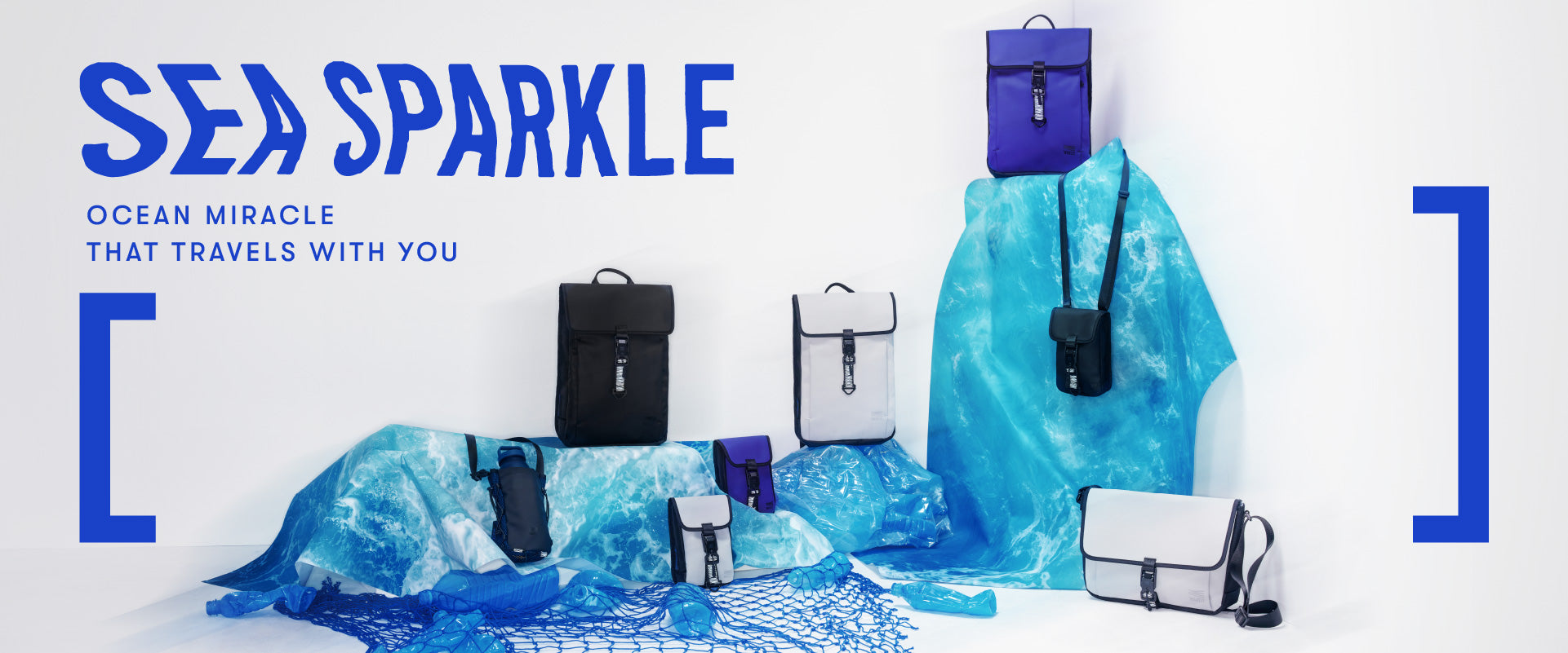 Banner for WAVEIT’s SEA SPARKLE series, featuring sustainable bags made from ocean materials with the text ‘Ocean Miracle That Travels With You.’