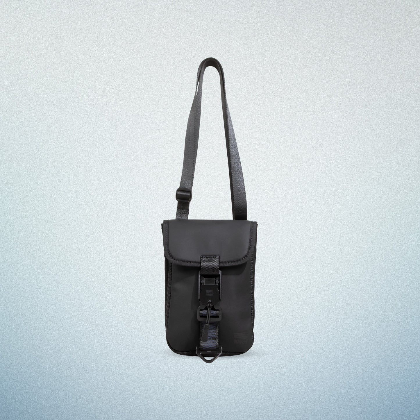 Front view of the WAVEIT black crossbody bag with adjustable strap, buckle closure