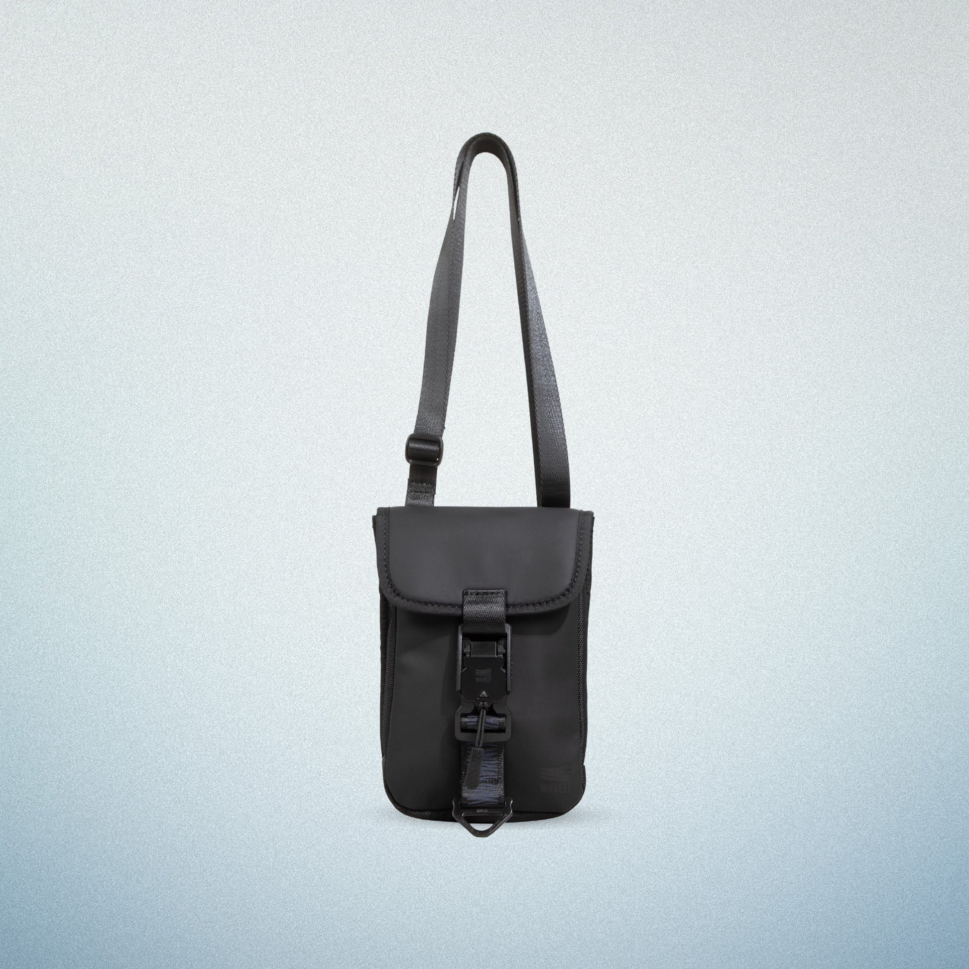 Front view of the WAVEIT black crossbody bag with adjustable strap, buckle closure