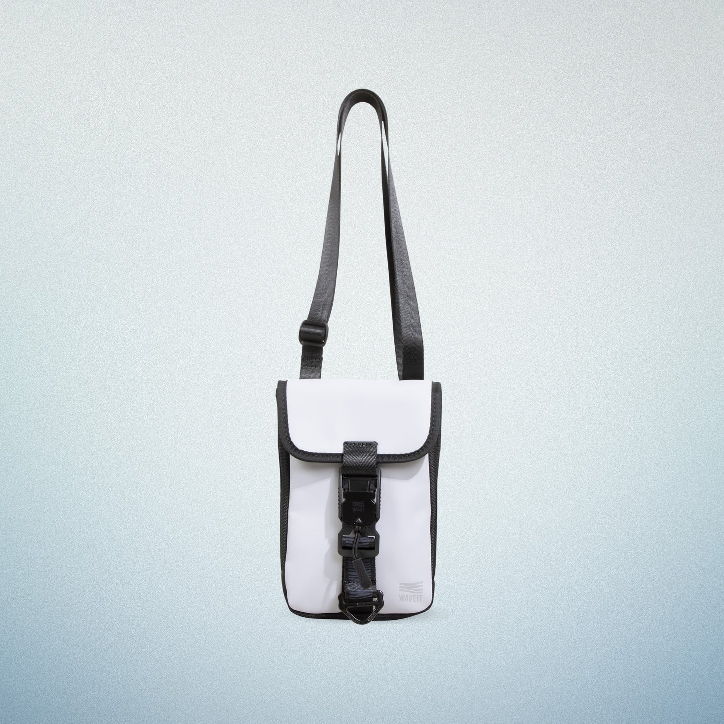 Front view of a white WAVEIT eco-friendly crossbody bag with black accents and a buckle closure, displayed on a light blue gradient background.