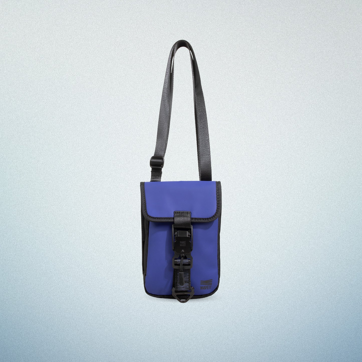 Front view of WAVEIT blue eco-friendly crossbody bag with adjustable strap and buckle closure.