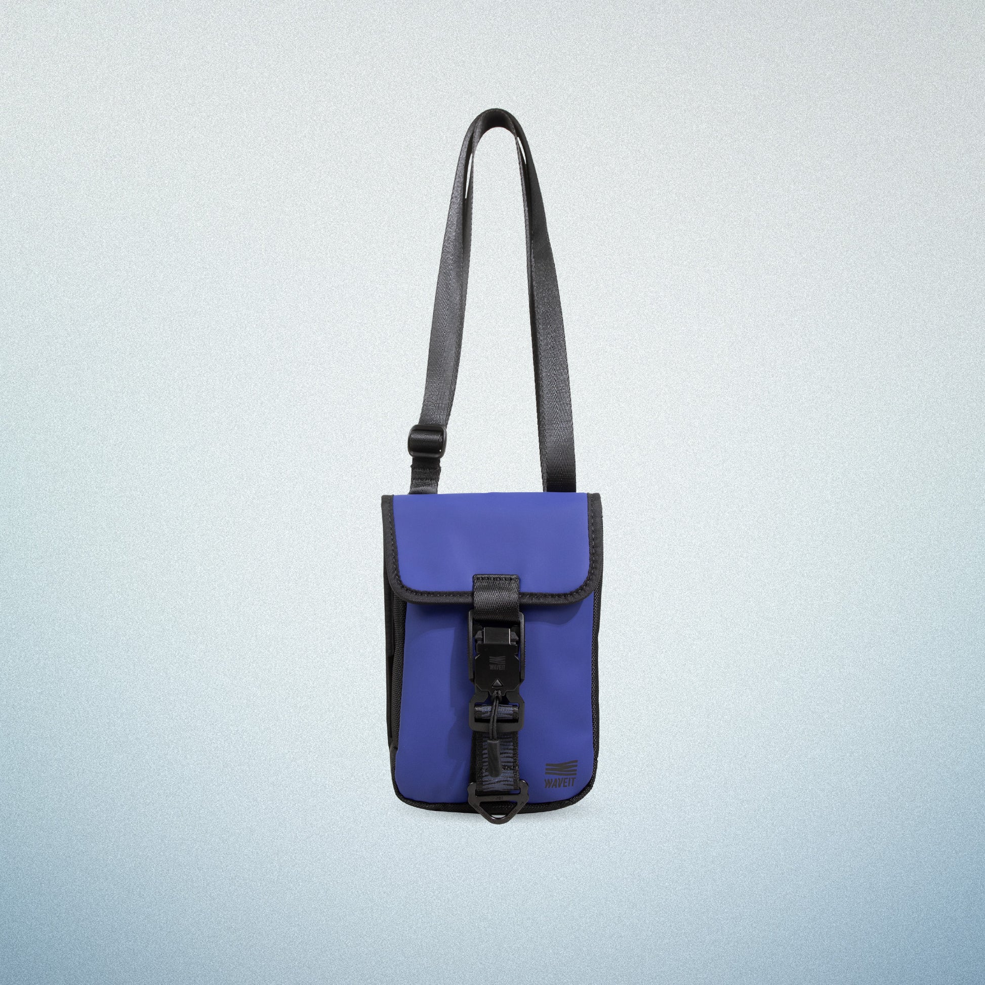 Front view of WAVEIT blue eco-friendly crossbody bag with adjustable strap and buckle closure.