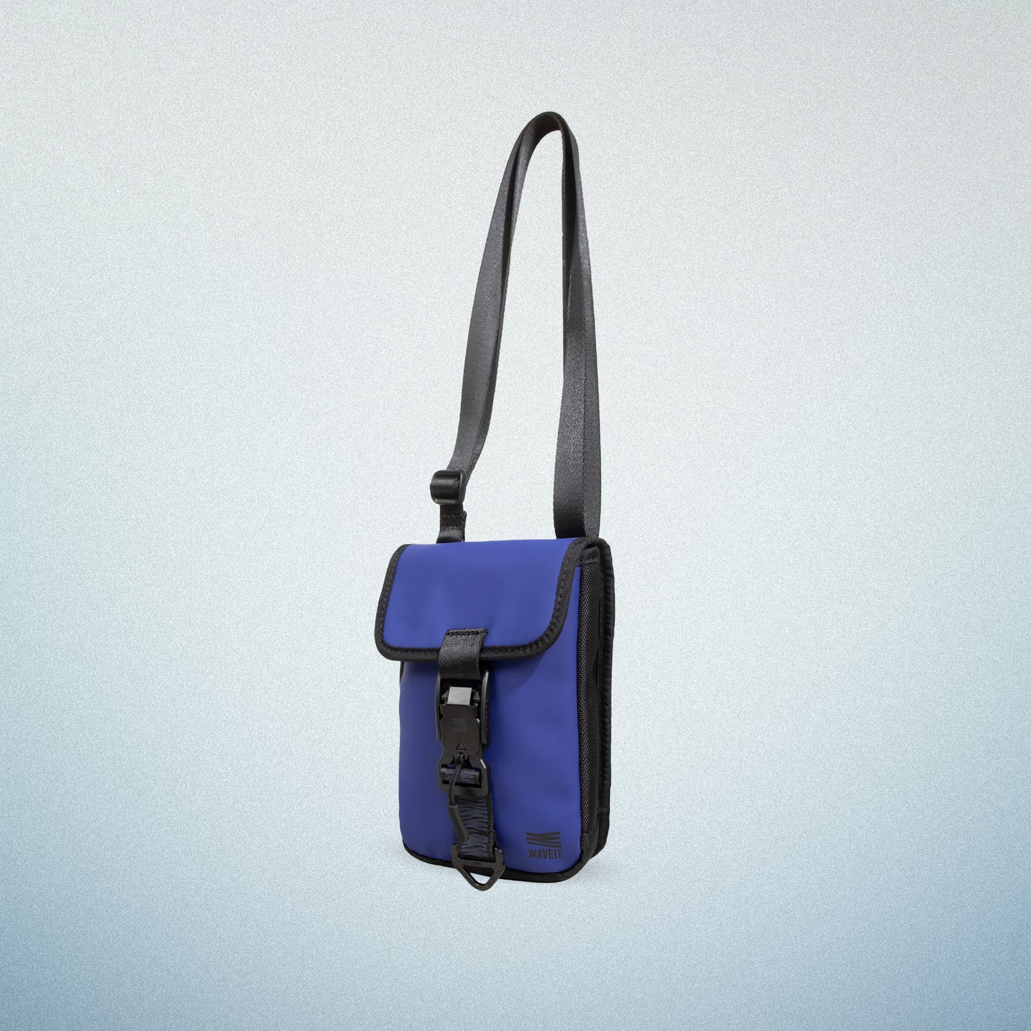 WAVEIT blue eco-friendly crossbody bag with secure buckle and adjustable strap, showcasing a stylish and sustainable design.