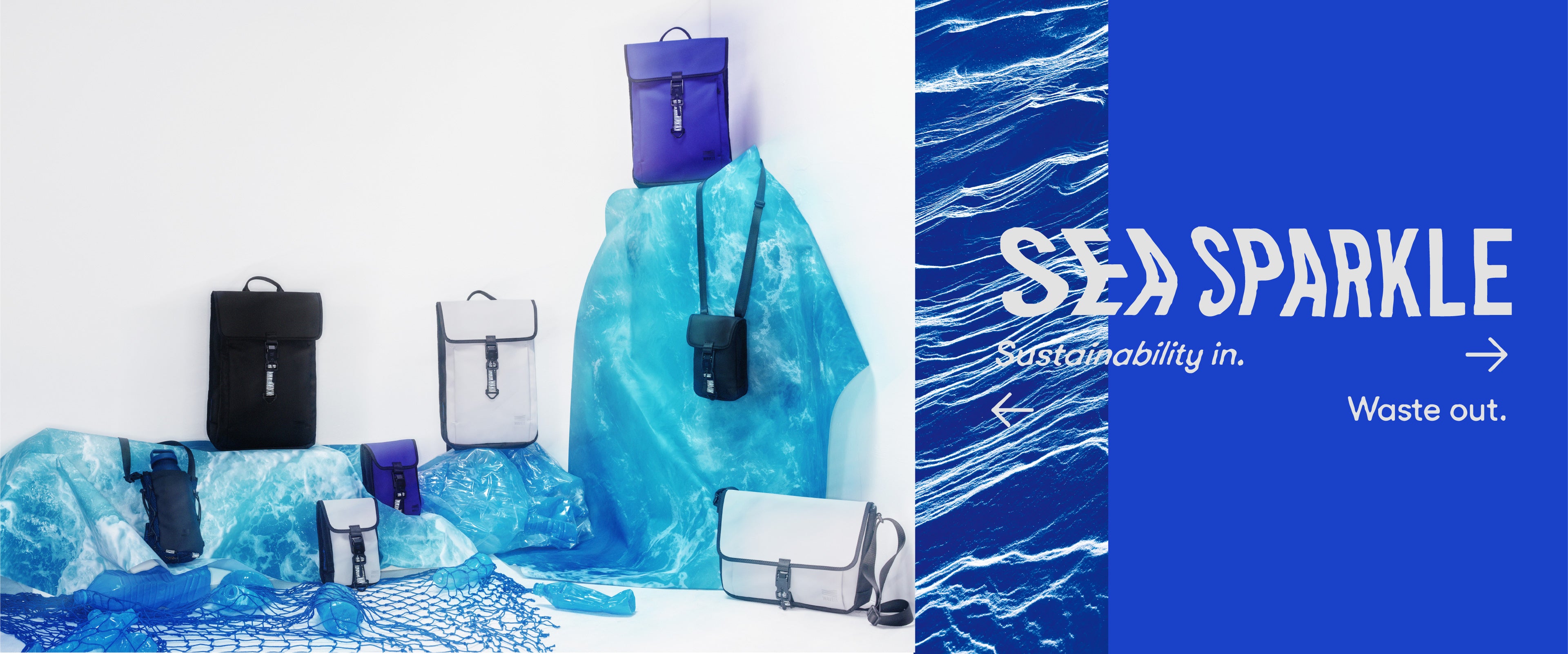 Display of various eco-friendly bags from WAVEIT’s SEA SPARKLE collection, emphasizing sustainability and waste reduction, set against a backdrop of blue ocean-themed decor.