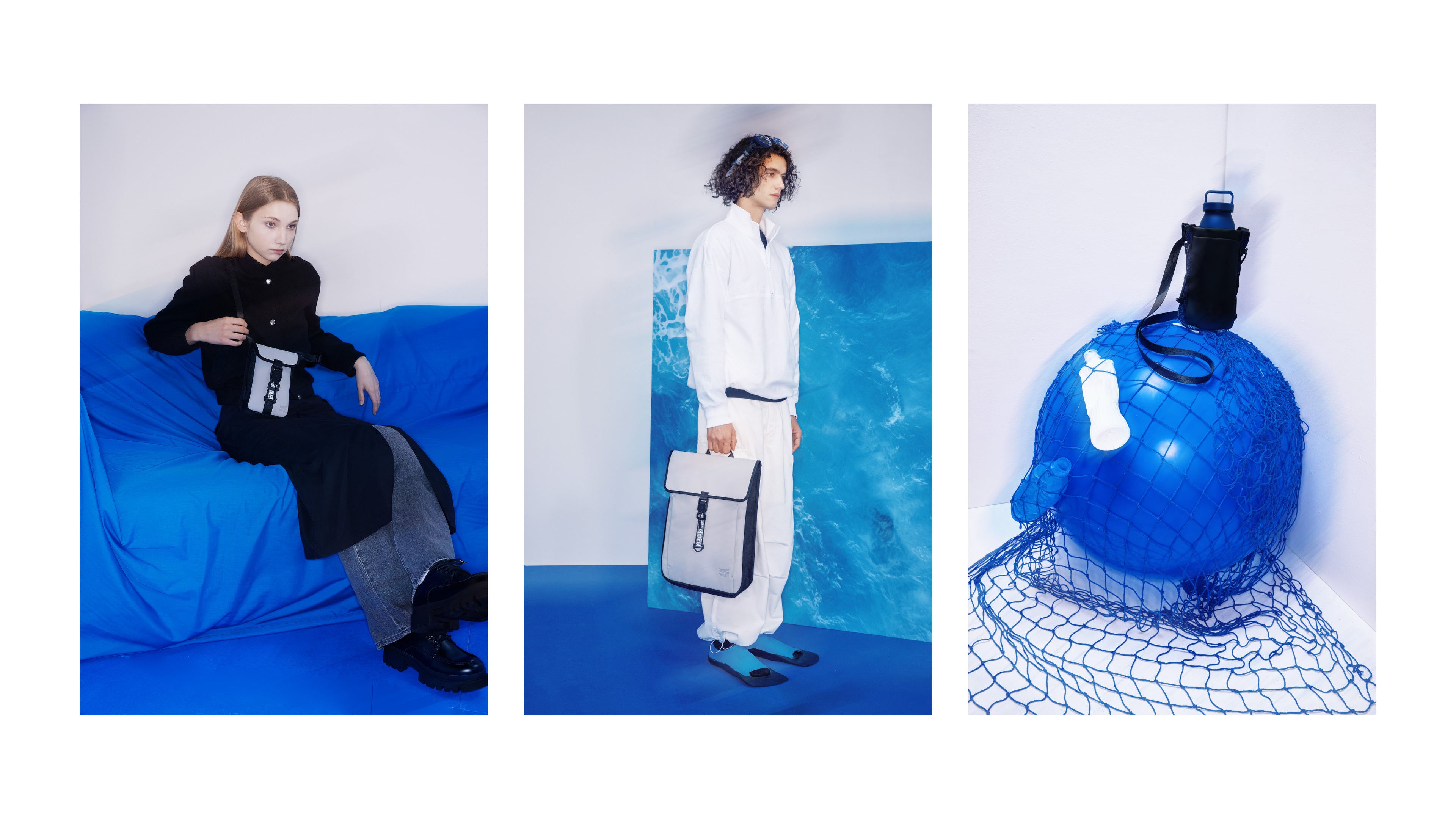 Collection of WAVEIT sustainable fashion products featuring models with eco-friendly bags in blue-themed settings, highlighting modern and sustainable design.