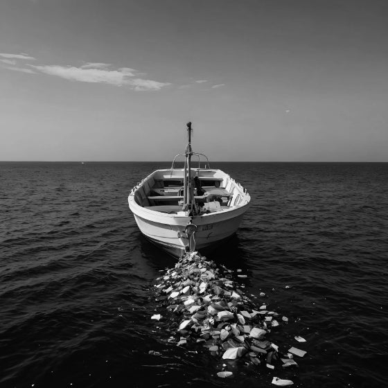 Boat involved in ocean cleanup, collecting floating plastic debris from the water.