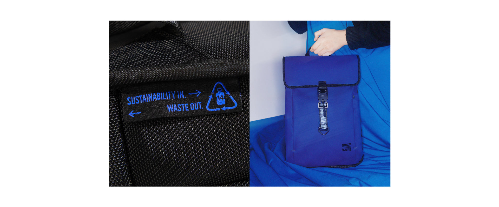 Close-up of WAVEIT’s sustainable bag with the text ‘Sustainability In, Waste Out’ and a model holding a blue eco-friendly backpack.